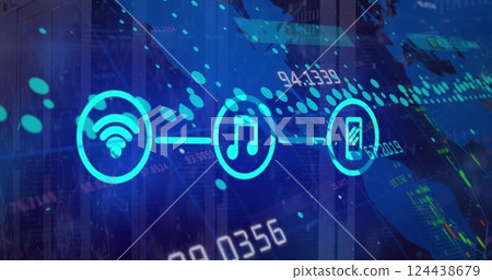 Image of media icons and data processing over world map and server room 124438679