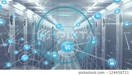 Image of network of connections with trolley icons over computer servers Image of network of connections with trolley icons over computer servers 124438721