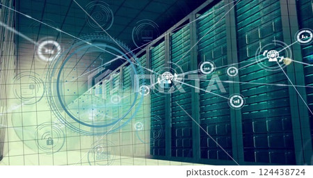 Image of data processing, network of connections with globe icons over computer servers Image of data processing, network of connections with globe icons over computer servers 124438724