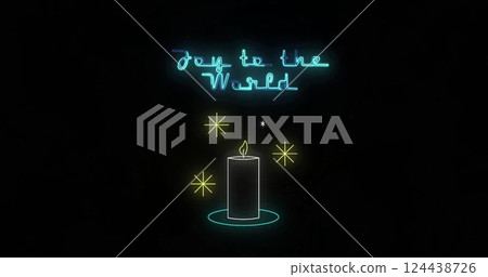 Image of neon joy to the world text and candle on black background 124438726