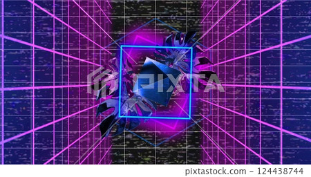 Image of blue neon square, 3d diamond and leaves rotating over pink grids on dark background Image of blue neon square, 3d diamond and leaves rotating over pink grids on dark background 124438744