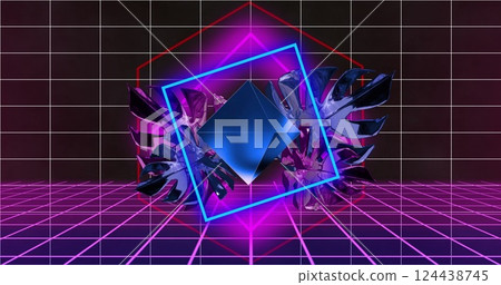 Geometric shapes and neon lights image over grid background 124438745