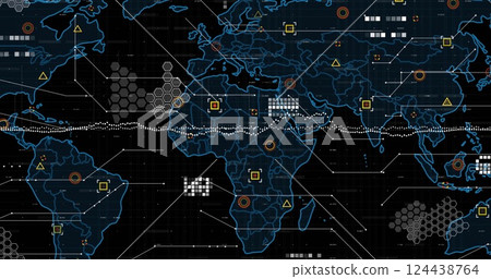 Image of digital data processing over world map on dark background Image of digital data processing over world map on dark background 124438764