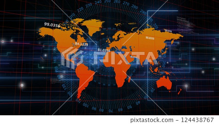 Image of digital data processing over world map on dark background Image of digital data processing over world map on dark background 124438767