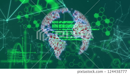 Image of globe with network of connections over data processing on green background 124438777