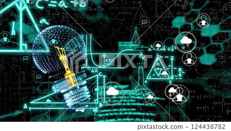 Image of light bulb with icons over mathematical equations on blue background Image of light bulb with icons over mathematical equations on blue background 124438782