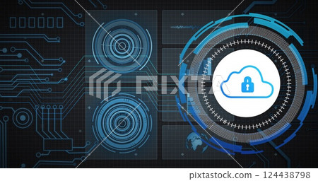 Image of network, charts processing data and scanner with padlock cloud icon 124438798