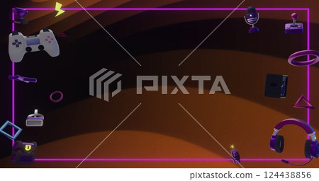 Image of game controllers, shapes, icons and pink frame over flashing orange stripes 124438856