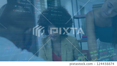 Image of financial data processing over diverse colleagues discussing work in office Image of financial data processing over diverse colleagues discussing work in office 124438874