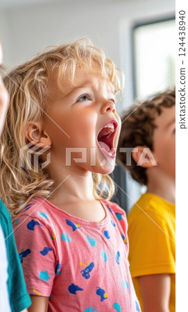 Joyful dad and children singing karaoke together in cozy living room 124438940