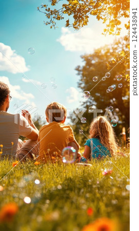 Father enjoys playful moments blowing bubbles with children in vibrant summer park 124438941