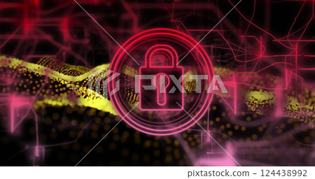 Lock icon image over digital network and data visualization background 124438992