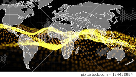 Global data flow image over world map with yellow and black dots Global data flow image over world map with yellow and black dots 124438994