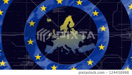European Union stars image over digital map of Europe with data lines 124438998