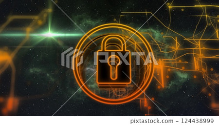 Lock and key symbol with digital security image over space background 124438999