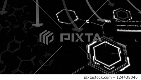 Chemical structures and molecular bonds image over black background with hexagons Chemical structures and molecular bonds image over black background with hexagons 124439046