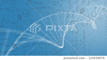 Image of dna strand and shapes over chemical equations 124439079