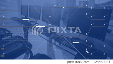 Image of financial data processing over computers on desks in office and blue background Image of financial data processing over computers on desks in office and blue background 124439081