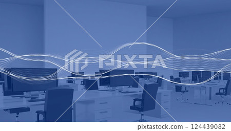 Image of financial data processing over computers on desks in office and blue background Image of financial data processing over computers on desks in office and blue background 124439082