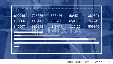Image of financial data processing over computers on desks in office and blue background Image of financial data processing over computers on desks in office and blue background 124439088