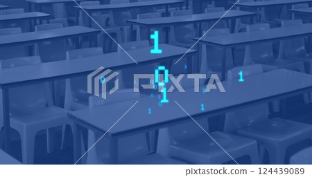 Image of binary coding data processing over desks and blue background Image of binary coding data processing over desks and blue background 124439089
