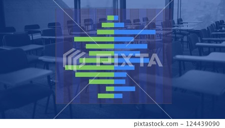 Image of financial data processing over computers on desks in office and blue background Image of financial data processing over computers on desks in office and blue background 124439090
