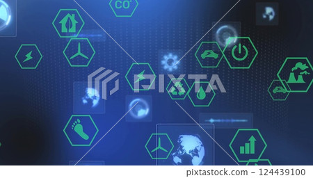 Image of network of eco icons and data processing 124439100