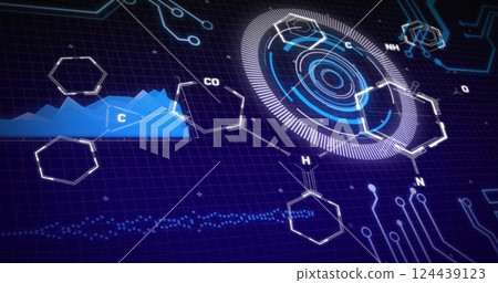 Image of scientific data processing over circuit board Image of scientific data processing over circuit board 124439123