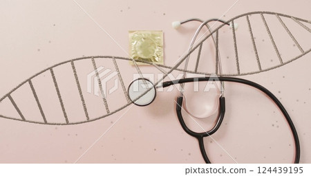 Image of dna strand and stethoscope over condom on pink background 124439195