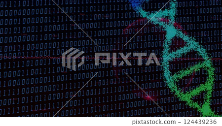 Image of data processing over dna strand on black background Image of data processing over dna strand on black background 124439236