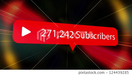 Image of banner with subscribes text, icon and data processing over neon lights tunnel 124439285