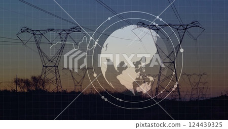 Image of data processing with globe over electricity pylons 124439325