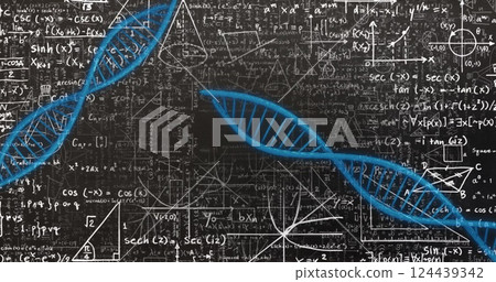 DNA strand and mathematical equations, scientific data processing 124439342