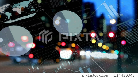 Pie charts and data graphs image over city street with blurred lights 124439343