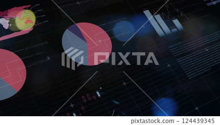 Financial charts and pie graphs image over global data analysis background 124439345