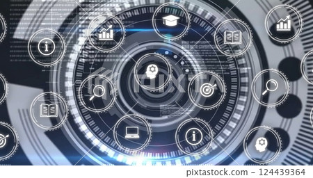 Futuristic data processing image with various icons over digital interface 124439364