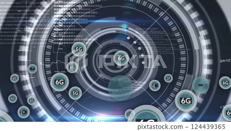 Futuristic digital interface with 6G technology image over circular HUD elements 124439365