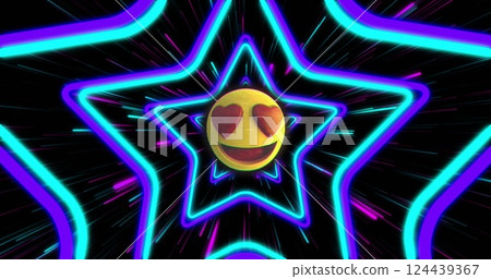 Heart eyes emoji image over neon star shapes on black background Heart eyes emoji image over neon star shapes on black background 124439367