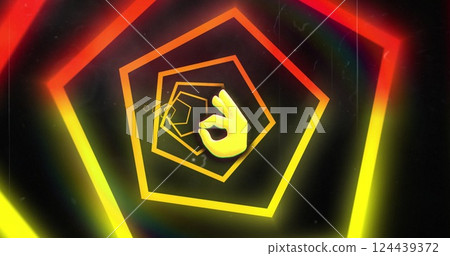 Hand gesture with OK sign image over colorful pentagon shapes Hand gesture with OK sign image over colorful pentagon shapes 124439372