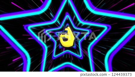 Neon star shapes image with yellow hand gesture in center Neon star shapes image with yellow hand gesture in center 124439373