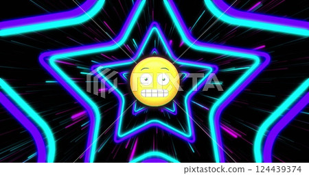 Grinning emoji image over neon star shapes on black background Grinning emoji image over neon star shapes on black background 124439374