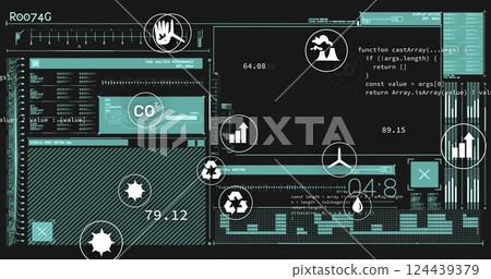 Environmental data and statistics image over digital interface with various icons Environmental data and statistics image over digital interface with various icons 124439379