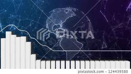 Bar chart and line graph image over digital globe and network connections Bar chart and line graph image over digital globe and network connections 124439380