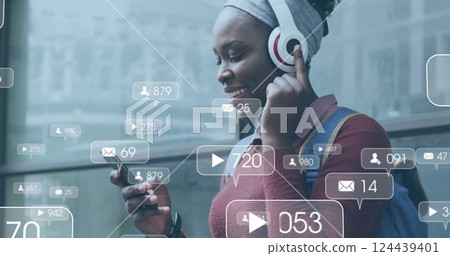 Image of social media notifications over happy african american woman using smartphone Image of social media notifications over happy african american woman using smartphone 124439401