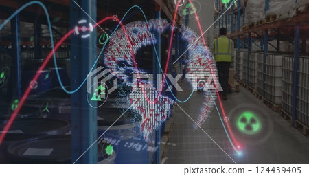 Image of graphs, processing data and pixel globe over goods warehouse Image of graphs, processing data and pixel globe over goods warehouse 124439405