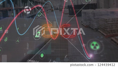 Image of 6g text and graph and processing data over goods warehouse 124439412