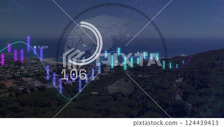 Image of graphs and data processing ring over globe and coast at night 124439413