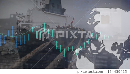 Image of graphs and processing data over globes and ship in harbour 124439415