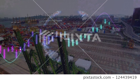 Image of financial data processing over sea port and globe Image of financial data processing over sea port and globe 124439419