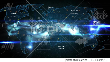 Image of data processing and world map over lights on black background Image of data processing and world map over lights on black background 124439439